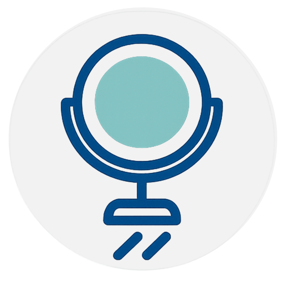 A mirror-like symbol with a circular teal center and navy outline, symbolising self‑reflection and inward focus