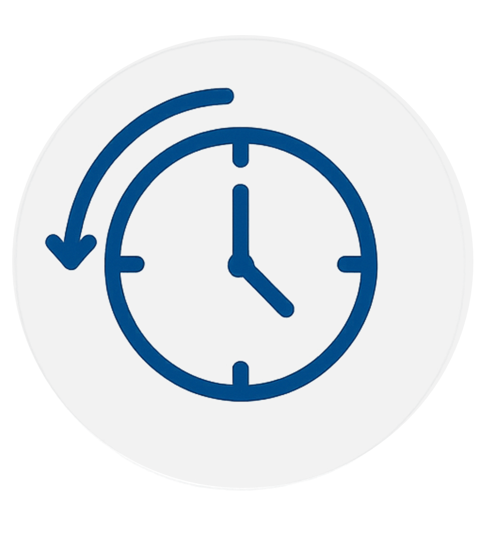 A circular clock with navy outlines, minimal tick marks, and a curved arrow suggesting the passage or looping of time.