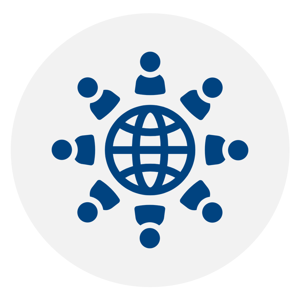 Figures of people sitting at a round table that looks like the world to signify engaged leadership and positive culture