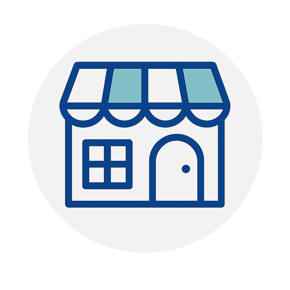 Icon of a small café style house with light green accents, representing a welcoming and supportive community space