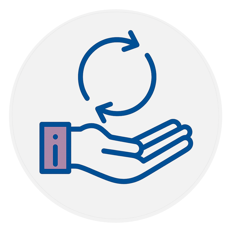 Icon of an open hand holding circular arrows on a light grey background, symbolising adaptability and openness to change.