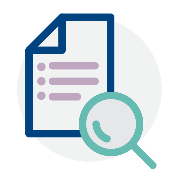 Icon of a checklist document with bullet points and a magnifying glass positioned over the lower right corner, representing review, inspection, audit, or document checking.